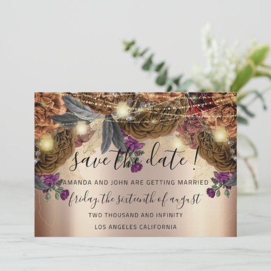 Sparen de Datum Gouden Floral Rozen Autumn Brown Save The Date (Staand voorkant)