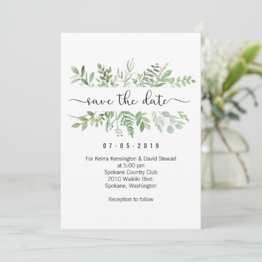 Sparen de Datum Greenery Uitnodigingskaart Kaart (Staand voorkant)