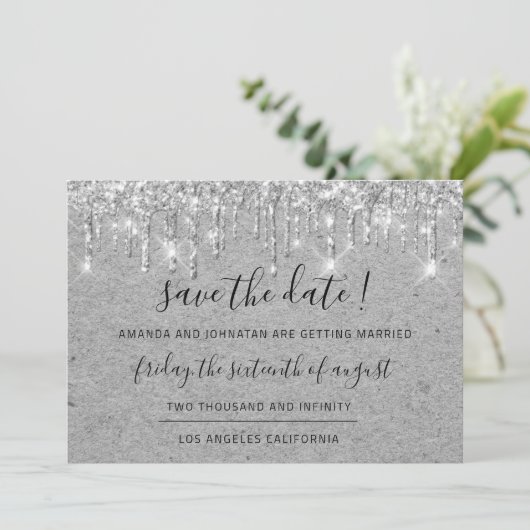 Sparen de Datum Grijze Kraft Zilveren Glitter Save The Date (Staand voorkant)