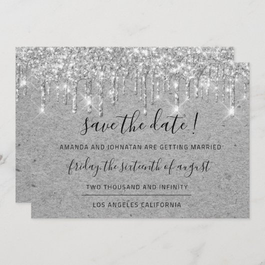Sparen de Datum Grijze Kraft Zilveren Glitter Save The Date (Voorkant / Achterkant)