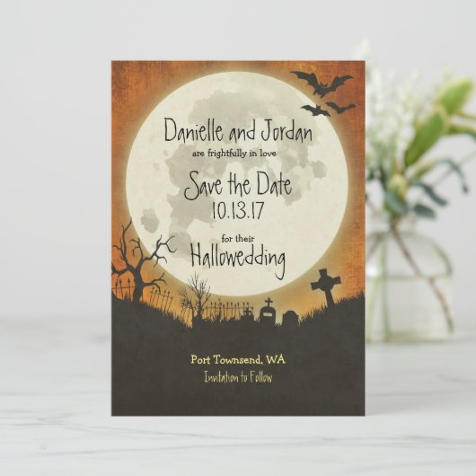 Sparen de Datum Halloween bruiloft in sinaasappel Save The Date (Staand voorkant)
