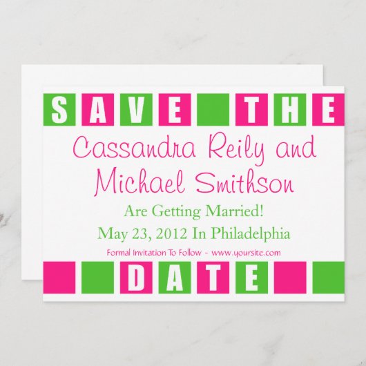 Sparen de Datum (Hete Roze/Groene de vierkant doze Save The Date (Voorkant / Achterkant)