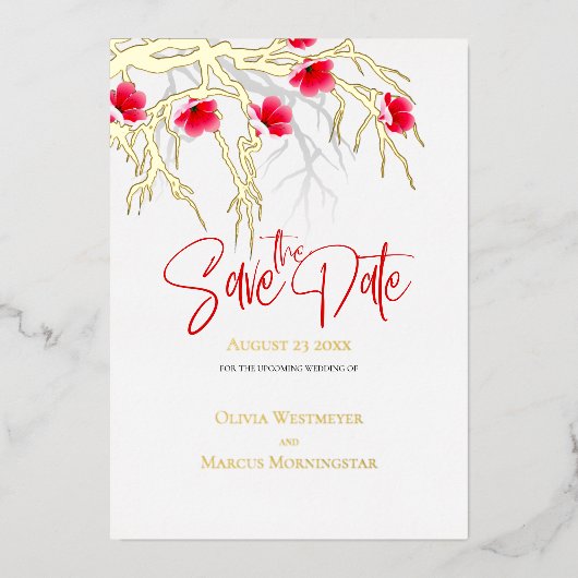 Sparen de Datum Japanse Blossom Tak Folie Uitnodiging (Voorkant)