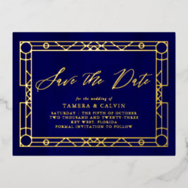 Sparen de Datum Koninklijk Blauw Decoratief Lijst Folie Uitnodiging Briefkaart