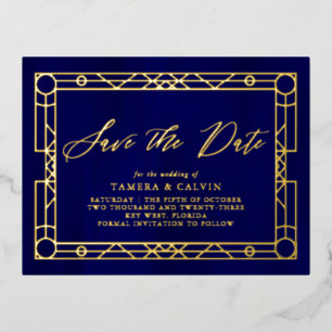 Sparen de Datum Koninklijk Blauw Decoratief Lijst  Folie Uitnodiging Briefkaart