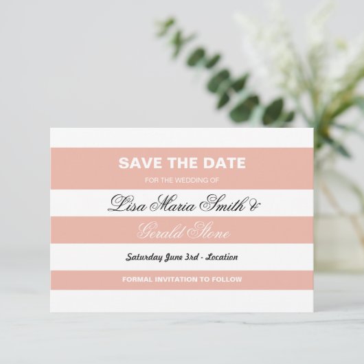 Sparen de Datum Koraal & Witte Legant Strijpe Wedd Save The Date (Staand voorkant)