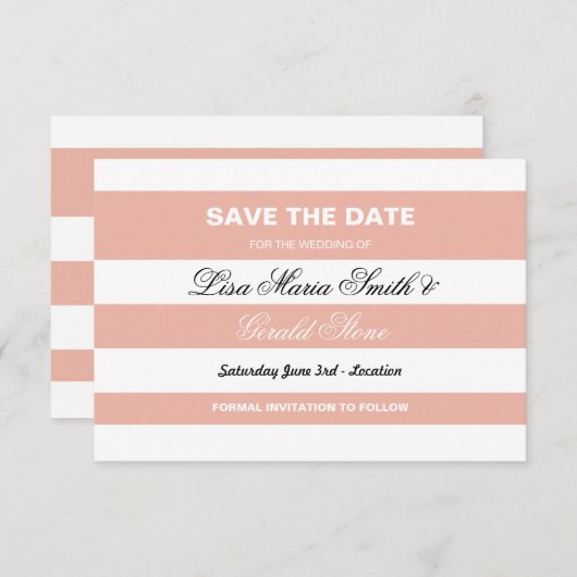 Sparen de Datum Koraal & Witte Legant Strijpe Wedd Save The Date (Voorkant / Achterkant)