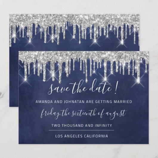 Sparen de Datum Kraft Silver Grey Drip Blue Navy Save The Date (Voorkant / Achterkant)