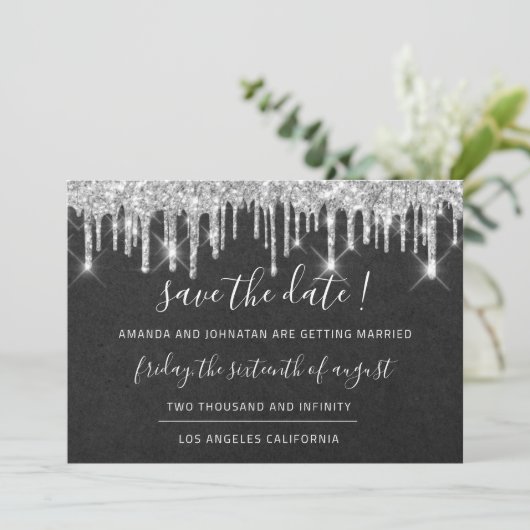 Sparen de Datum Kraft Silver Grey Drip Grahite Save The Date (Staand voorkant)