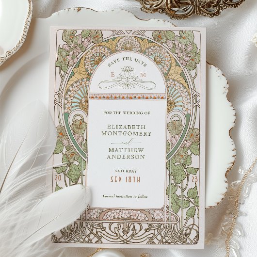 Sparen de Datum  Kunst Nieuwe door Mucha Invitat Kaart