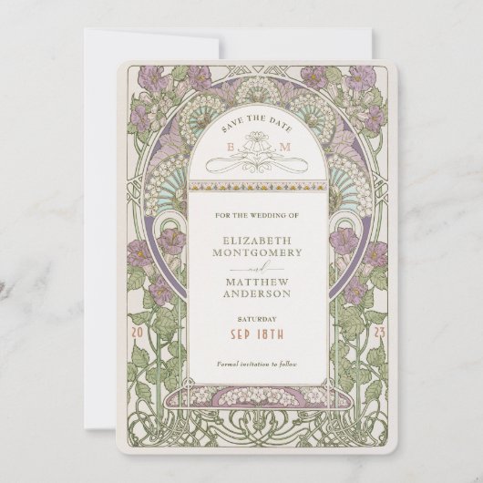 Sparen de Datum  Kunst Nieuwe door Mucha Invitat Kaart (Voorkant)