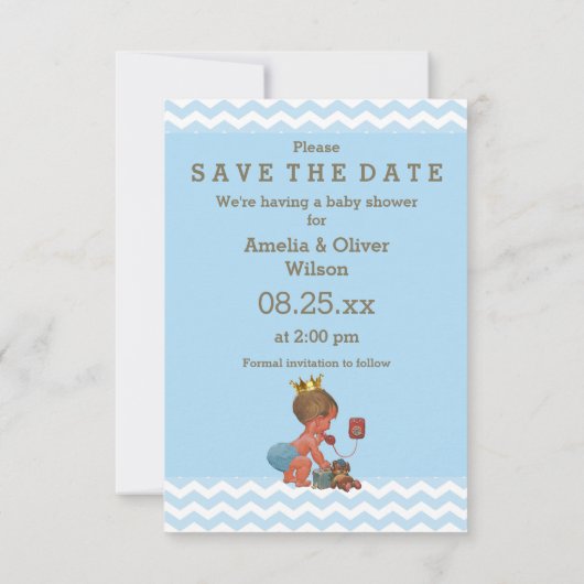Sparen de Datum Kute Prins op Telefoon Grijs Blauw Save The Date (Achterkant)