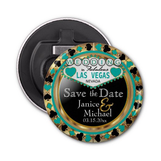 Sparen de Datum Las Vegas - Blauwgroen Button Flesopener (Voorkant)