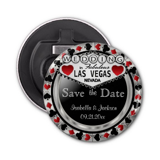 Sparen de Datum Las Vegas Stijl - Zilver & Rood Button Flesopener (Voorkant)