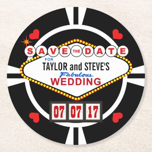 Sparen de Datum Las Vegas Wedding Poker Chip Ronde Kartonnen Onderzetter (Voorkant)