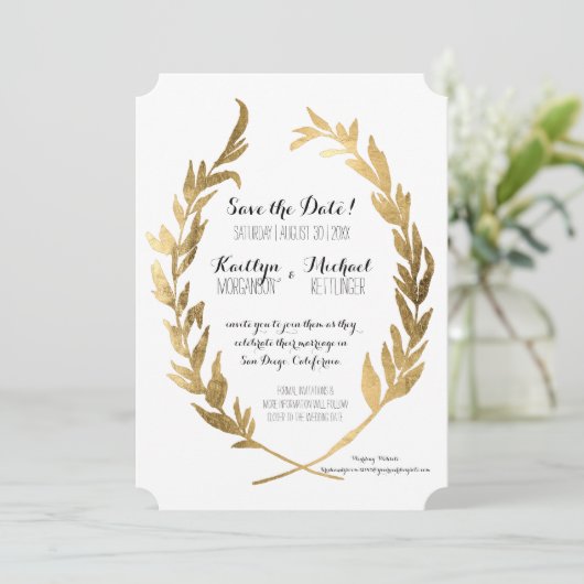 Sparen de Datum Laurel Wreath Olive Leaf Faux Gold Save The Date (Staand voorkant)