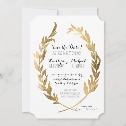 Sparen de Datum Laurel Wreath Olive Leaf Faux Gold Save The Date (Voorkant)