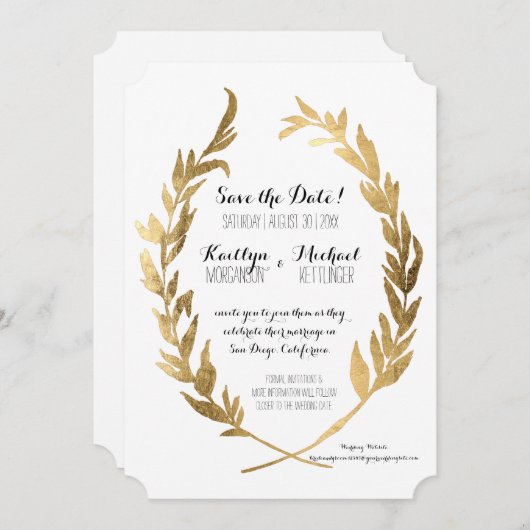 Sparen de Datum Laurel Wreath Olive Leaf Faux Gold Save The Date (Voorkant / Achterkant)