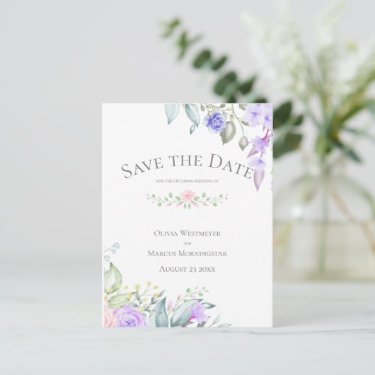 Sparen de Datum Lila en Roze Bloemen Briefkaart (Staand voorkant)