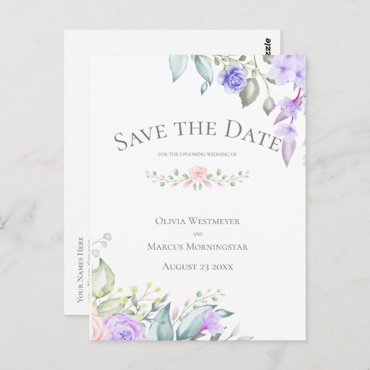 Sparen de Datum Lila en Roze Bloemen Briefkaart (Voorkant / Achterkant)