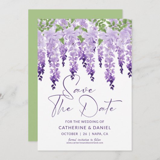 Sparen de Datum Lila Wisteria van de Waterverf Wis Save The Date (Voorkant / Achterkant)