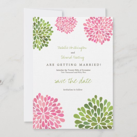 Sparen de Datum Linen Roze & Groene Bloemen Save The Date (Voorkant)