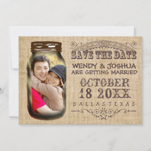 Sparen de Datum Mason Jar Burlap Rustic Wedding Save The Date