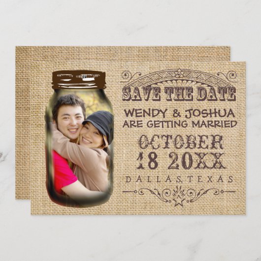 Sparen de Datum Mason Jar Burlap Rustic Wedding Save The Date (Voorkant / Achterkant)