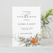 Sparen de Datum met Oranje en Blauwe Bloemen Save The Date (Staand voorkant)
