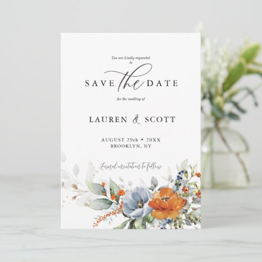 Sparen de Datum met Oranje en Blauwe Bloemen Save The Date (Staand voorkant)