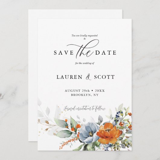 Sparen de Datum met Oranje en Blauwe Bloemen Save The Date (Voorkant / Achterkant)