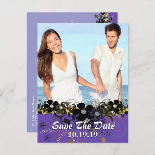 Sparen de Datum met UW Foto - Geel en Lila Aankondigingskaart (Voorkant / Achterkant)
