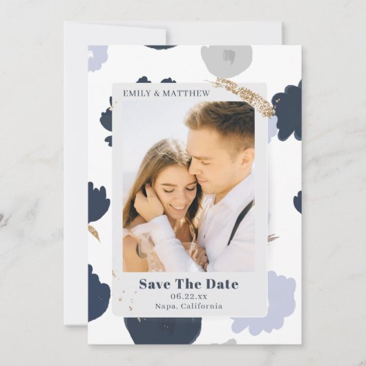 Sparen de Datum Modern Glitter Foto Blauw Floral Save The Date (Voorkant)
