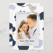 Sparen de Datum Modern Glitter Foto Blauw Floral Save The Date (Voorkant / Achterkant)