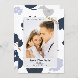 Sparen de Datum Modern Glitter Foto Blauw Floral Save The Date
