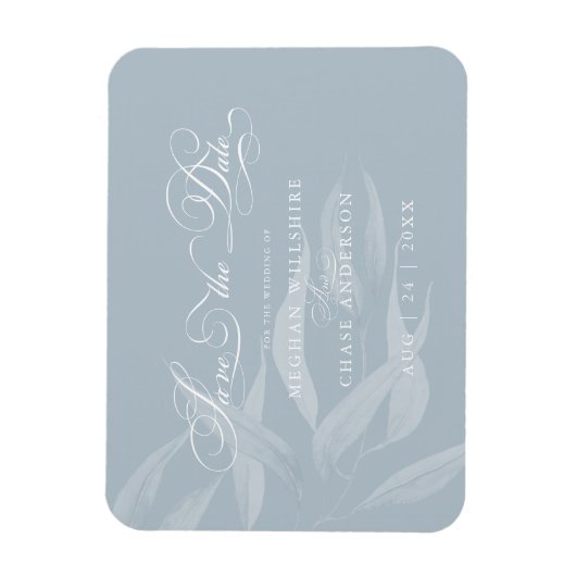 Sparen de Datum Modern Witte Volage op Dusty Blauw Magneet (Verticaal)