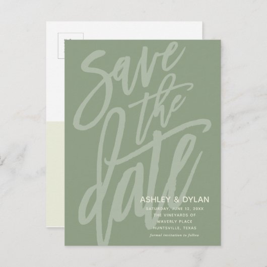 Sparen de Datum Moderne Groene Sage van het Manusc Aankondigingskaart (Voorkant / Achterkant)