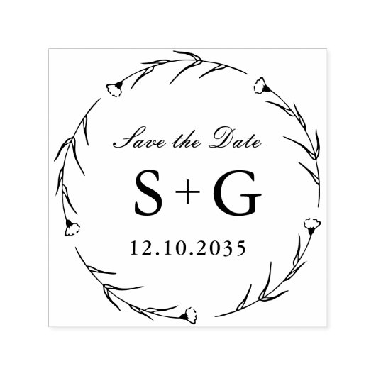 Sparen de Datum Monogram Wedding Greenery Zelfinktende Stempel (Design)