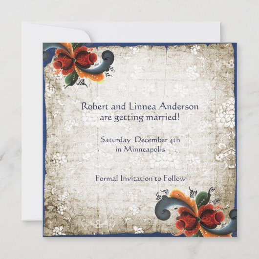 Sparen de Datum Noorse Rosemaling Douane Save The Date (Achterkant)