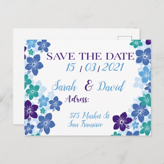 Sparen de datum paarblauw ontwerp voor bruiloft aankondigingskaart (Voorkant / Achterkant)