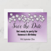 Sparen de Datum Paarse ballonnen Al Voorval Aankondigingskaart (Voorkant / Achterkant)