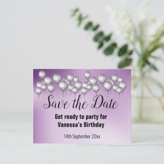 Sparen de Datum Paarse ballonnen Al Voorval Aankondigingskaart (Staand voorkant)