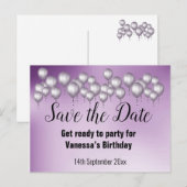 Sparen de Datum Paarse ballonnen Al Voorval Aankondigingskaart (Voorkant / Achterkant)