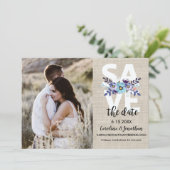 Sparen de Datum  Paarse Blauwe Bloemen van de Foto Save The Date (Staand voorkant)