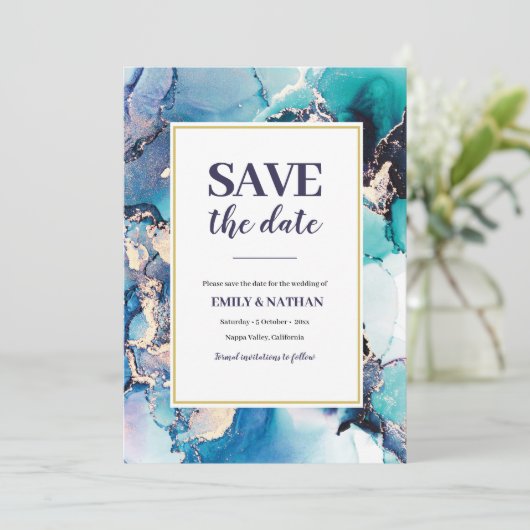 Sparen de datum Paarse Blauwe Inky Uitnodiging (Staand voorkant)