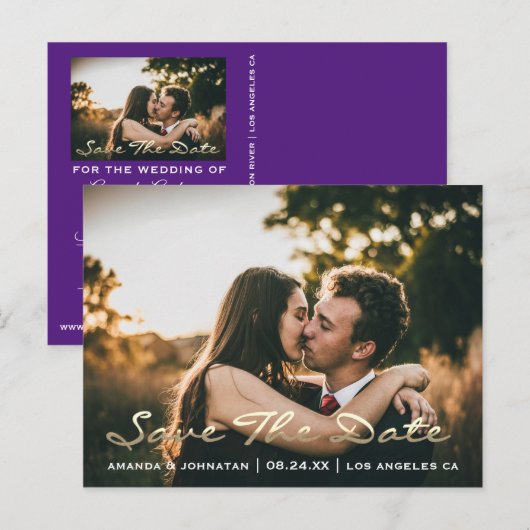 Sparen de Datum Paarse de Foto van het Golden Manu Briefkaart (Voorkant / Achterkant)