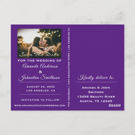 Sparen de Datum Paarse de Foto van het Golden Manu Briefkaart (Achterkant)