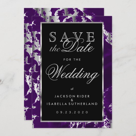 Sparen de Datum Paarse en Zilvermarmer Save The Date (Voorkant / Achterkant)