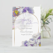 Sparen de Datum Paarse Exotische Floral Kaart (Staand voorkant)