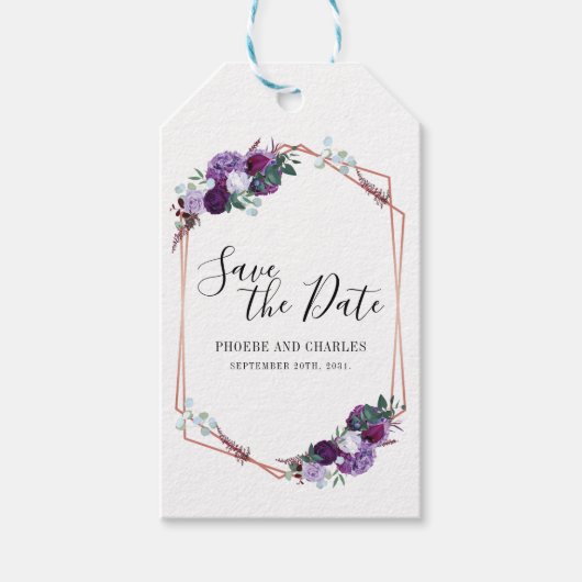 Sparen de Datum Paarse Floral Cadeaulabel (Voorkant)